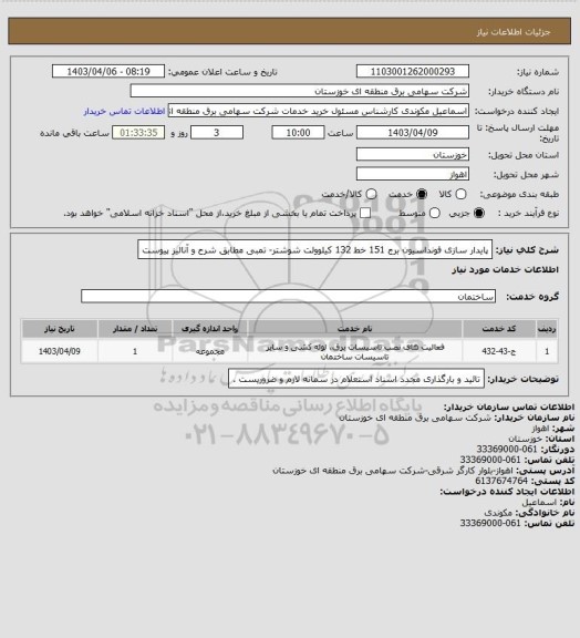 استعلام پایدار سازی فونداسیون برج 151 خط 132 کیلوولت شوشتر- تمبی مطابق شرح و آنالیز پیوست