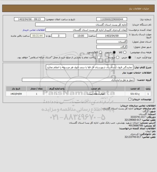استعلام نمایندگی قبول ثبت اسناد شهرستان آق قلا با درصد قبول هر مرسوله را اعلام نمائید