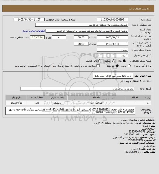 استعلام خرید 120 عدد آنتن 6dbd چهار دایپل