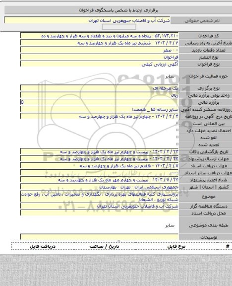 مناقصه, برونسپاری کلیه فعالیتهای بهره برداری ، نگهداری و تعمیرات ، تامین آب ، رفع حوادث شبکه توزیع ، انشعابا