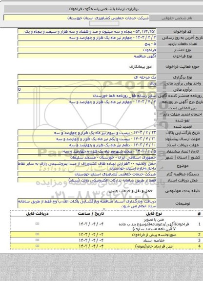 مناقصه, حمل وتخلیه ۲۰۰هزارتن نهاده های کشاورزی از مبدا پتروشیمی رازی به سایر نقاط داخل وخارج استان خوزستان