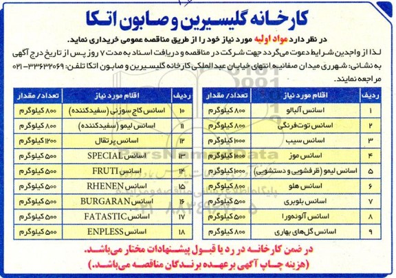 مناقصه عمومی خریداری مواد اولیه....