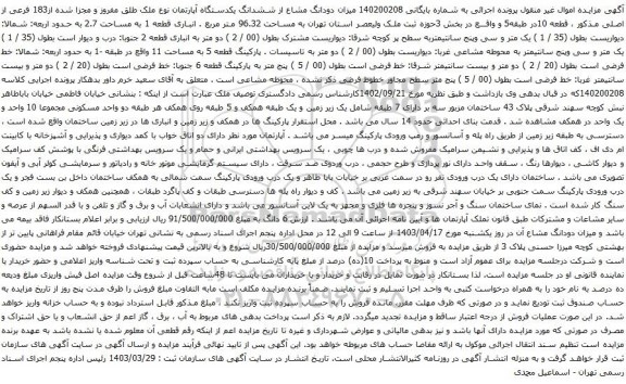 آگهی مزایده میزان دودانگ مشاع از ششدانگ یکدستگاه آپارتمان نوع ملک طلق مفروز و مجزا شده از183 فرعی از اصلی