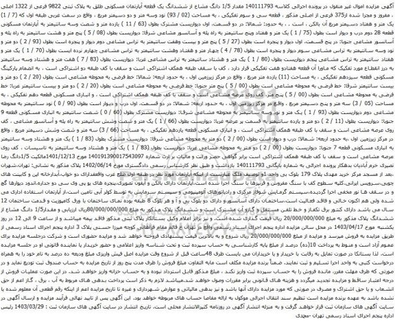 آگهی مزایده مقدار 1/5 دانگ مشاع از ششدانگ یک قطعه آپارتمان مسکونی طلق به پلاک ثبتی 9822 فرعی از 1322 اصلی
