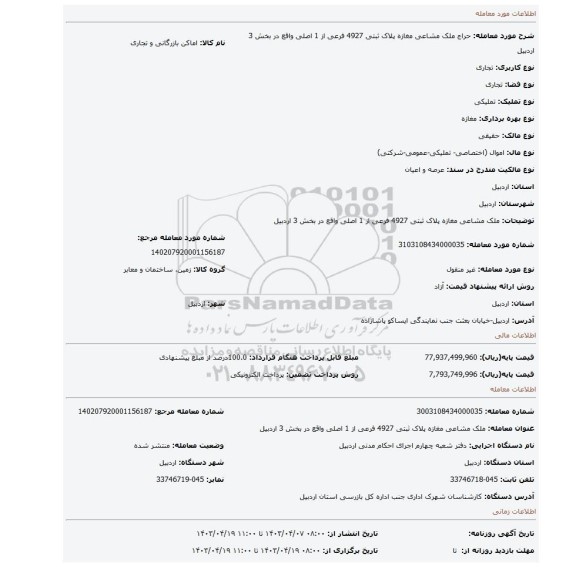 ملک مشاعی مغازه پلاک ثبتی 4927 فرعی از 1 اصلی واقع در بخش 3 اردبیل