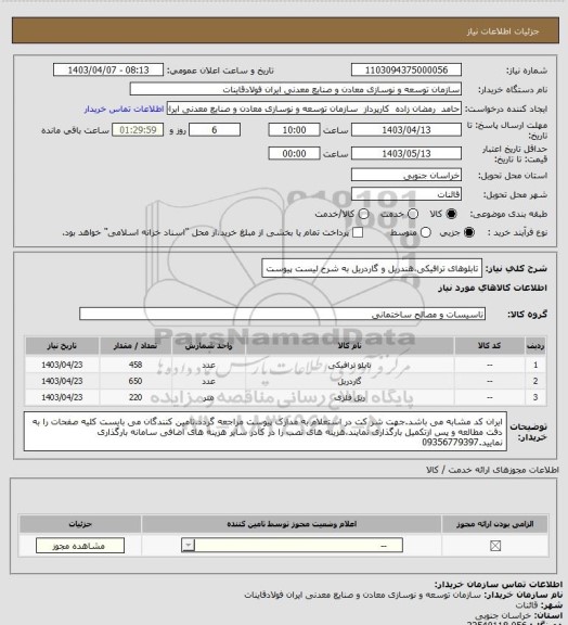 استعلام تابلوهای ترافیکی،هندریل و گاردریل به شرح لیست پیوست