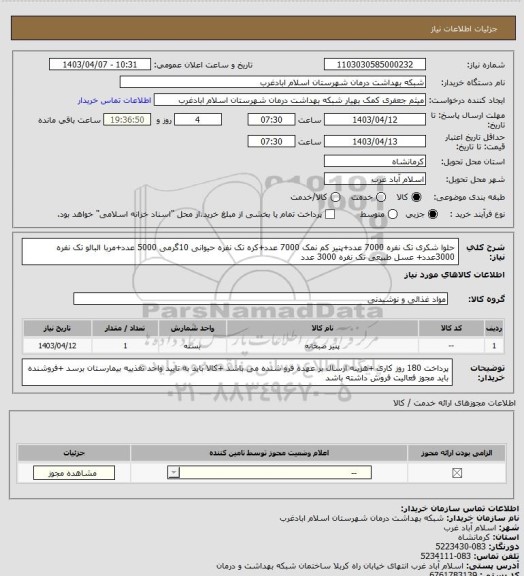 استعلام حلوا شکری تک نفره 7000 عدد+پنیر کم نمک 7000 عدد+کره تک نفره حیوانی 10گرمی 5000 عدد+مربا البالو تک نفره 3000عدد+ عسل طبیعی تک نفره 3000 عدد