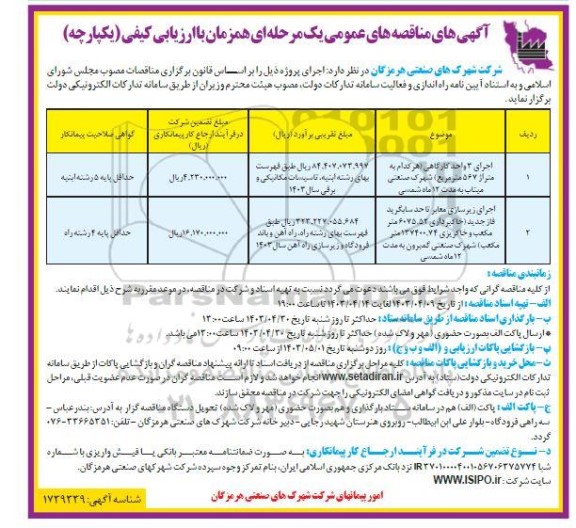 مناقصه اجرای ۳ واحد کارگاهی ...