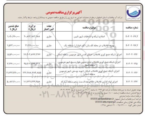 مناقصه اصلاح شبکه و انشعابات شهر نایین...