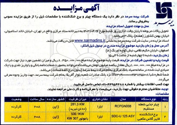 مزایده یک دستگاه چیلر و برج خنک کننده