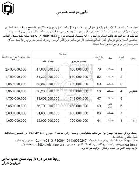 مزایده عمومی فروش 7 واحد تجاری پروژه کاکتوس باسمنج و یک واحد تجاری پروژه بهاران