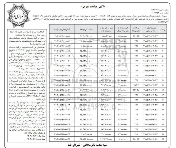 مزایده فروش نقدی تعداد 22 قطعه زمین از اراضی تفکیکی پلاک ثبتی 3155/20167 با کاربری مسکونی نوبت دوم