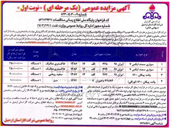 مزایده عمومی فروش 4 دستگاه خودرو (2 دستگاه سمند سواری و 2 دستگاه وانت پیکان)