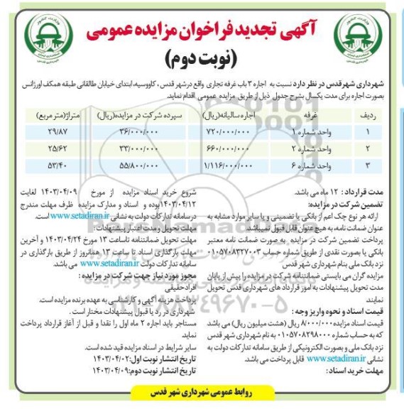 تجدید مزایده اجاره 3 باب غرفه تجاری - نوبت دوم