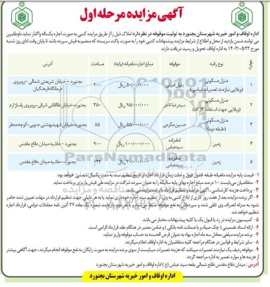 مزایده کتبی به صورت اجاره یکساله