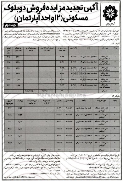 تجدید مزایده فروش دو بلوک مسکونی - نوبت دوم 