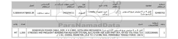 استعلام، کابل 4 در 4 میلیمتر مربع فستونی (آرشیو دارد)
