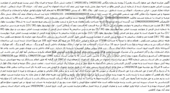 آگهی مزایده تمامت شش دانگ عرصه و اعیان پلاک ثبتی بیست وپنج فرعی از چهارصد وبیست اصلی مفروز و مجزی شده از شماره شش فرعی