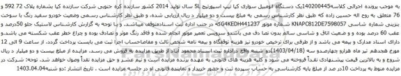 آگهی مزایده یک دستگاه اتومبیل سواری کیا تیپ اسپورتیج SL