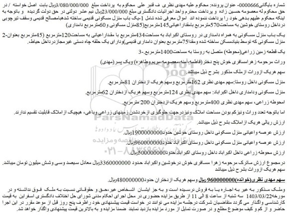 مزایده فروش یک باب منزل مسکونی قدیمی ساخته شده بامصالح قدیمی وسقف تیرچوبی