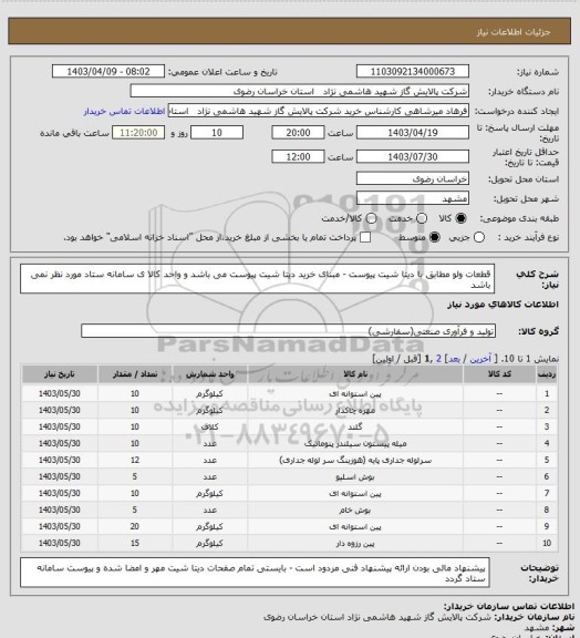 استعلام قطعات ولو  مطابق با دیتا شیت پیوست - مبنای خرید دیتا شیت پیوست می باشد و واحد کالا ی سامانه ستاد مورد نظر نمی باشد