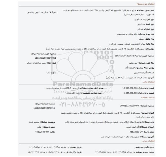 سهم الارث اقای روح اله گرامی ازشش دانگ اعیان 1باب ساختمان واقع درخیابان کشاورزپشت تکیه حضرت رقیه (ص)