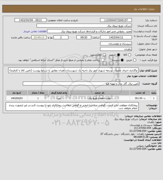 استعلام واگذاری اجرای عملیات توسعه شهری امور برق ناحیه یک شهرستان زاهدان مطابق با شرایط پیوست (تامین کالا با کارفرما)