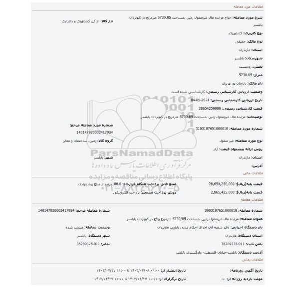 مزایده مال غیرمنقول زمین بمساحت 5730.85 مترمربع در کبوتردان بابلسر