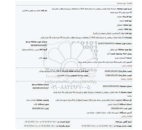 3 دهنه مغازه سرقفلی به شماره های 7،8،9 از مغازهای شهرداری واقع در کمربندی 45 متری ولایت 16 متری وادی