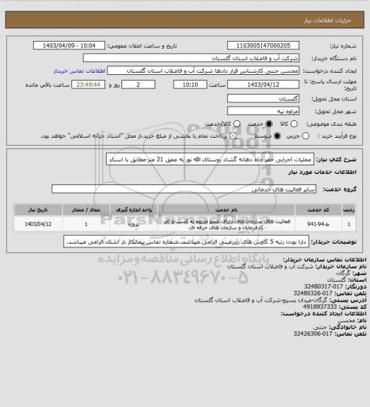 استعلام عملیات اجرایی حفر چاه دهانه گشاد  روستای الله نور به عمق 21 متر-مطابق با اسناد