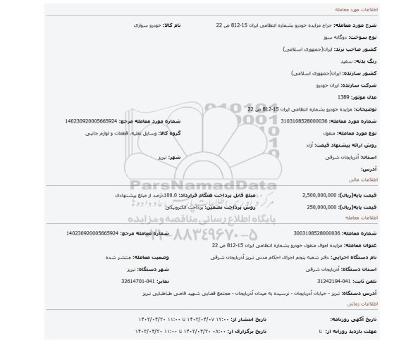 مزایده خودرو بشماره انتظامی ایران 15-812 ص 22