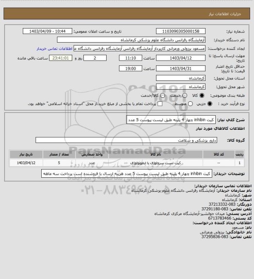 استعلام کیت inhibin چهار 4 پلیته طبق لیست پیوست 5 عدد