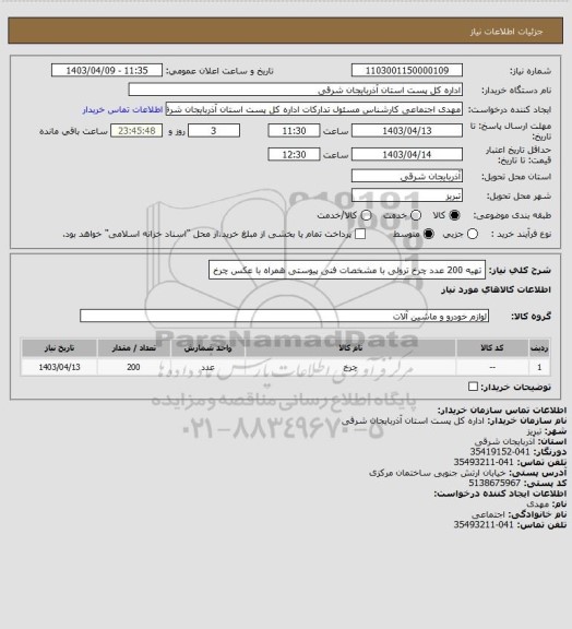 استعلام تهیه 200 عدد چرخ ترولی با مشخصات فنی پیوستی همراه با عکس چرخ