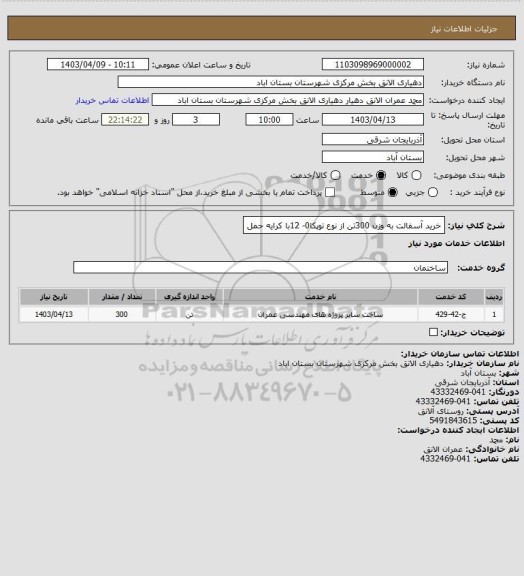 استعلام خرید آسفالت به وزن 300تن از نوع توپکا0- 12با کرایه حمل