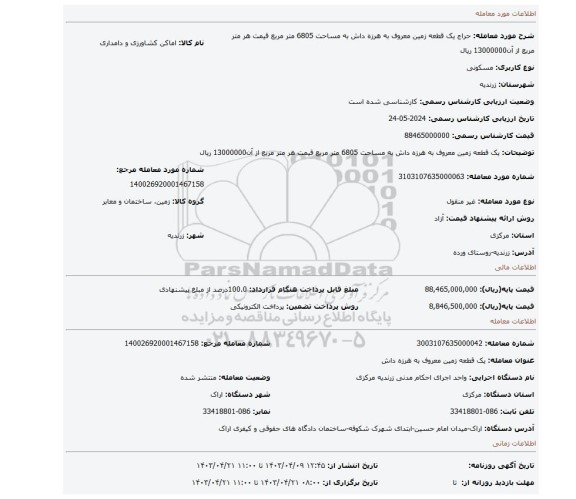یک قطعه زمین معروف به هرزه داش به مساحت 6805 متر مربع قیمت هر متر مربع از آن13000000 ریال