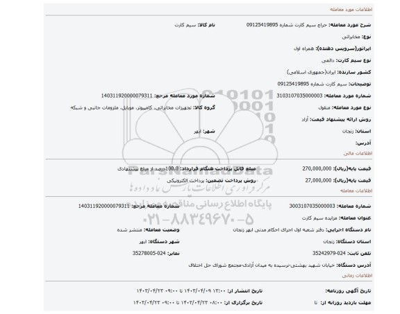 سیم کارت شماره 09125419895