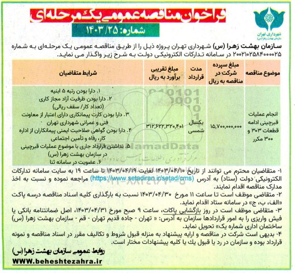 مناقصه انجام عملیات قبرچینی ادامه قطعات 303