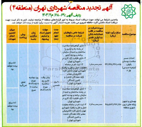 مناقصه احداث مسیر سلامت بوستان بانوان و بهسازی و تجهیز پایانه های درون شهری منطقه