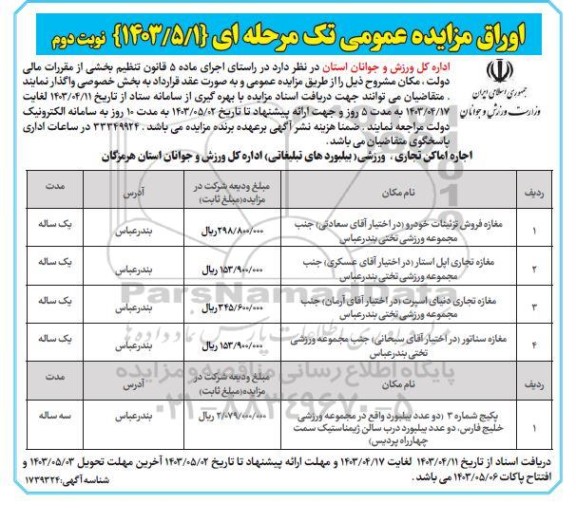 مزایده اجاره مکان- نوبت دوم