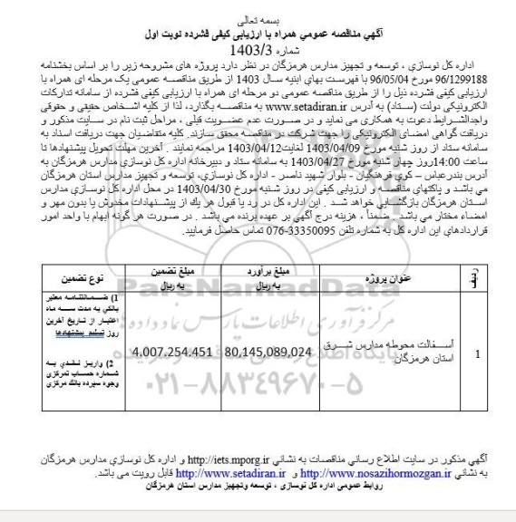 مناقصه، مناقصه آسفالت محوطه مدارس شرق استان هرمزگان