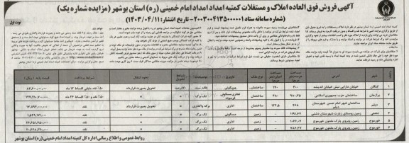 مزایده فروش املاک و مستغلات با کاربری مسکونی - تجاری مسکونی فرسوده - اداری - مسکونی