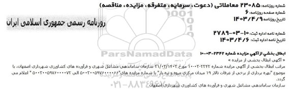 مزایده بهره برداری از برخی از غرفات تالار 19 ابطال