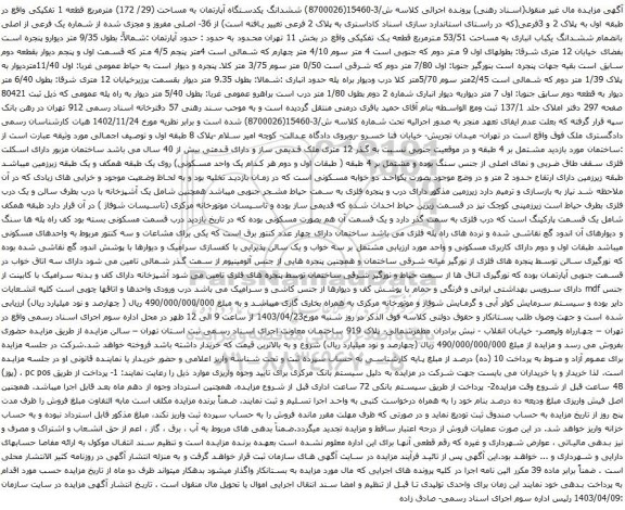 آگهی مزایده  ششدانگ یکدستگاه آپارتمان به مساحت (29/ 172) مترمربع قطعه 1 تفکیکی