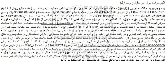 مزایده فروش دو دانگ مشاع از شش دانگ یکباب ساختمان نیمه تمام به مساحت دویست و پنجاه و هشت متر و پنجاه دسیمترمربع به پلاک ثبتی 1605 فرعی از 160 اصلی