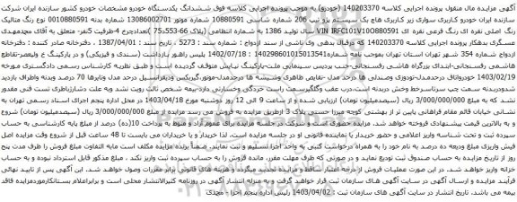 آگهی مزایده سواری زیر کاربری هاچ بک سیستم پژو تیپ 206