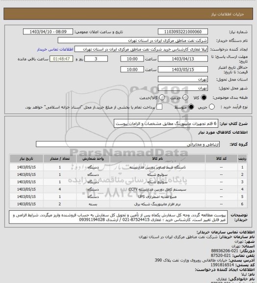 استعلام 6 قلم تجهیزات مانیتورینگ مطابق مشخصات و الزامات پیوست