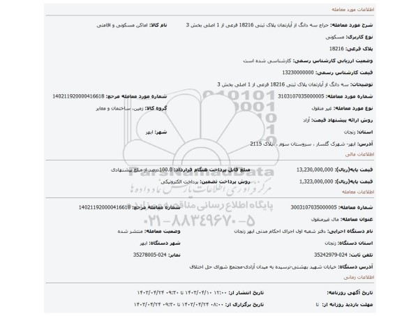 سه دانگ از آپارتمان پلاک ثبتی 18216 فرعی از 1 اصلی بخش 3