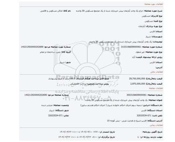 یک واحد آپارتمان پیش خریداری شده از یک مجتمع مسکونی 30 واحده
