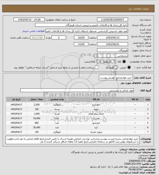 استعلام خرید موادغذایی لیست پیوست