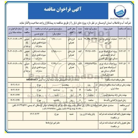 مناقصه آبرسانی به شهر ....